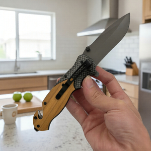 Couteau pliant de poche X50 de bonne qualité, bouton poussoir, logo personnalisé, manche en bois d'olivier, revêtement en titane, multifonctionnel, pour l'extérieur - Product Image 5