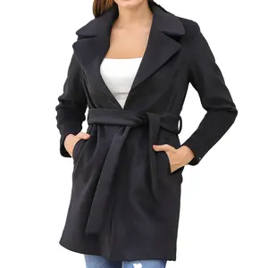 Turkish Quality Women's Coat Solid Color Belt Detailed Pocket Knee Length Black Women's Coat Daily Use Coat For Winter