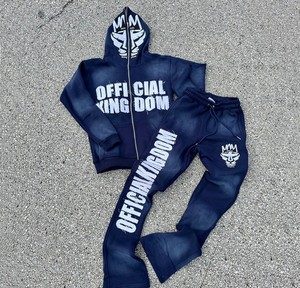 Custom Embroidery Distressed Streetwear High Quality Cotton Patch Sun Faded Full Face Vintage Zip up Hoodie Stacked <b>Tracksuit</b> - Product Image 5