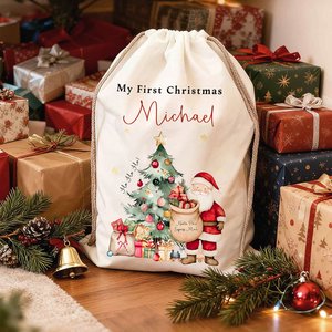 Personalized Large <b>Canvas</b> <b>Drawstring</b> Gift <b>Bag</b> Santa Claus Christmas Tree Theme Name Title for Family Friends' Gifts Christmas - Product Image 3