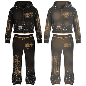 ชุดสตรีทแวร์แบบยูนิเซ็กซ์ สไตล์ซันเฟด ทรงขาบาน ชุดวอร์มลายฟอกสี  เสื้อฮู้ดดี้ กางเกงวอร์ม พิมพ์ลาย DTG  แบบทำเก่า  ชุดแทรคสูทผู้ชาย - Product Image 1