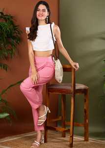 Soft Breathable Womens Pink Cotton Slub <b>Trouser</b> Pants Functional Pocket Regular Fit Designed Casual Office Travel Daily Wear - Product Image 4