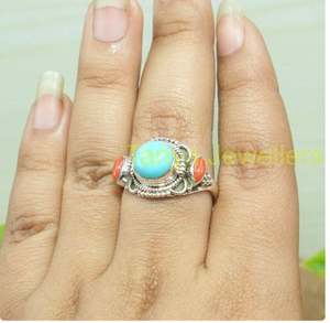 แหวนเทอร์ควอยซ์แอริโซนา แหวนปะการังแดง แหวนเงินแท้ 925 แหวนดีไซน์แฮนด์เมด แหวนสเตทเมนท์ - Product Image 6