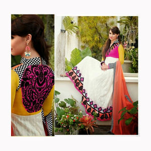 Robe Ethnique Georgette Femme Orange et Bleu Clair Usine Directe Soie Matériel Broderie Travail Tenue de Fête - Product Image 6