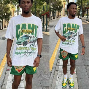 Conjunto de Camiseta y Pantalones Cortos con Estampado de Auto para Hombre, Verde y Amarillo, Conjunto de Dos Piezas a Juego, Ropa Urbana de Verano, Estilo Urbano - Product Image 1