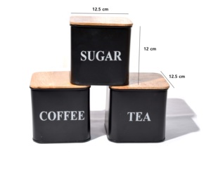 Modern Set of 3 Black Metal Wood Airtight Food Storage Containers with Lids Coffee <b>Tea</b> Sugar <b>Canister</b> Kitchen Storage Box - Product Image 3