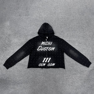 Sudaderas con capucha de peso pesado personalizadas para hombre de 400gsm Vintage ácido lavado sol desteñido Boxy Fit Rhinestone Zip invierno bordado 100% algodón - Product Image 3