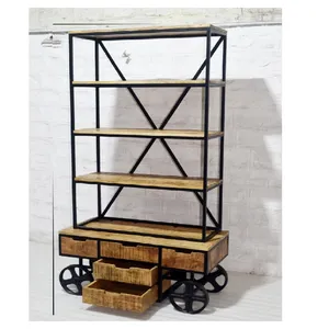 Premium Quality Iron and Mango Wood Double Part Trolly Bookshelf with Caster for Home and School Library at Best Price