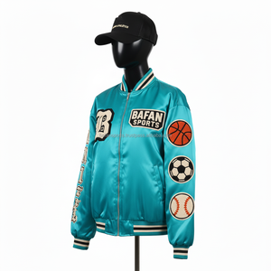 Veste en satin premium pour femmes, turquoise, tissu doux et brillant, avec des patchs sportifs brodés et un logo personnalisé, vestes en satin pour femmes - Product Image 4