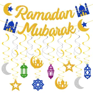 Ramadan Mubarak Banner Ramadan Kareem Star Moon Hanging Swirl Ceiling Eid Al-fitr Decor Eid Mubarak Festival Party Supplies