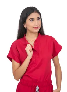 Set Scrub merah Joger bedah wanita, atasan leher Mao lengan pendek dan celana jogging (Kustom)