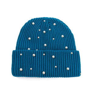 Bonnet en tricot côtelé en acrylique pour femme, couleur unie, chaud et épais pour l'hiver, avec perles - Product Image 5