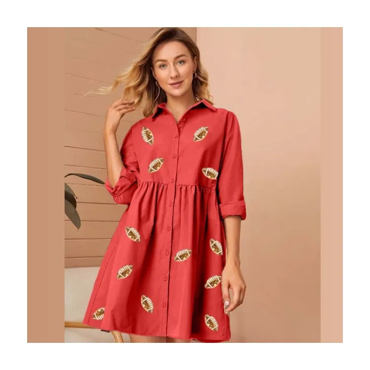 輸出業者による販売のためのカスタマイズされたサッカースパンコールシャツの女性のドレスと品質保証された赤い色のゲームデイドレス