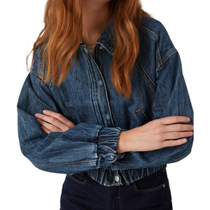 100% Cotton Custom Women's <b>Denim</b> Bomber Jacket Stand Collar with Embroidery Decoration Dot Pattern Winter Casual Style - Product Image 2