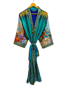 Bridal Robe Light Weight Silk Robe For <b>Woman</b> Night Wear Long Robe, Floral Print Indian Vintage Recycled Silk Sari <b>Kimono</b>, - Product Image 2