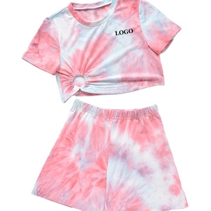ชุดเสื้อผ้าเด็กผู้หญิงแบบผูกย้อมสีชุดวอร์มตัดและกางเกงขาสั้น/2024สองชิ้นสำหรับเด็กผู้หญิงชุดวอร์มฤดูร้อนออกแบบโลโก้ได้ตามต้องการ - Product Image 1