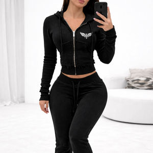 Women Black Cropped <b>Zip</b> <b>Up</b> <b>Hoodie</b> Tracksuit Set Slim Fit <b>Hoodie</b> & Jogger Pants Casual Athleisure Streetwear Outfit - Product Image 1