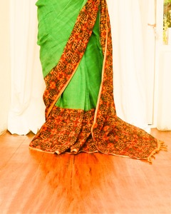 Custom Made 100% Linen Sarees for Women All Ages Hand Blocked Printed Vibrant Red White Fern <b>Leaf</b> Design for Party Wear Indian - Product Image 5