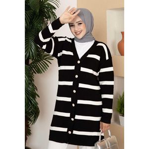 Cárdigan de punto con detalle de botones a rayas para mujer, jersey negro informal largo con decoración de patrón, tela de camiseta - Product Image 2