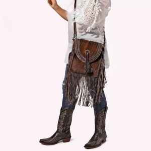 Bohemian Western High Quality Genuine Leather Portable <b>Sling</b> <b>Bag</b> Hand Tooling Fringe Cowgirl Style <b>Women's</b> Travel Wholesale - Product Image 4