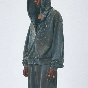 Sudadera con Capucha Corta Personalizada, Estilo Cuadrado, Tejido French Terry, Estampado Digital, Gruesa, con Pedrería, Lavado Ácido, Cierre de Cremallera - Product Image 1