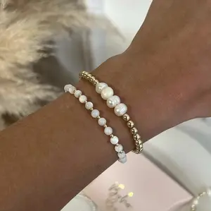 Non Tarnish PVD Jewelry Stainless Steel Gold Beads Stretchy Adjustable Mother Of Pearl Freshwater Pearl Beaded Bracelets Women
