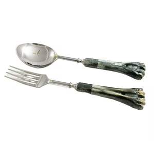 Ensemble de 2 couverts à salade faits à la main en acier inoxydable avec poignée en os naturel et accessoires de cuisine pour hôtels - Product Image 1