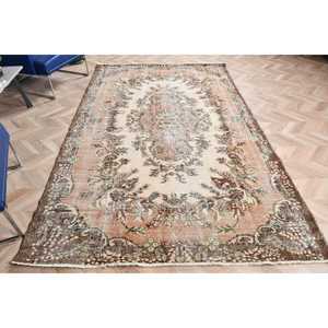 5.8x9.3 ft Vintage Large Rug, <b>Brown</b> Green Turkish Striped <b>Wool</b> Rug - Product Image 1