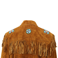 Chaqueta de cuero occidental tradicional marrón para hombre abrigo con cuentas de flecos chaqueta de cuero de ante de vaca original cierre de cremallera