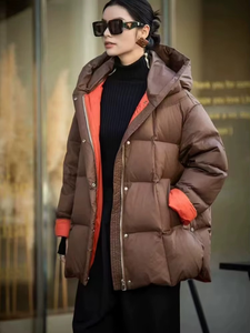 Veste d'hiver unisexe en coton imperméable respirant à capuche et patchwork, longueur régulière, blanc, duvet de canard, fermeture éclair, parka chaude - Product Image 6