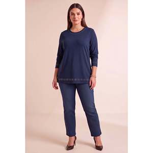 Blusa de punto con cuello y mangas con detalles de falda, talla grande, color azul marino - Product Image 3