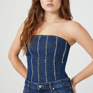 Top de tubo vaquero con diamantes de imitación, Top de calidad superior, MOQ bajo, diseño personalizado, Top de tubo vaquero para mujer, camisa de mujer OEM - Product Image 1