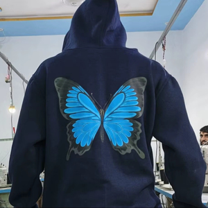 Sweat à capuche de luxe pour homme, design original OEM, motif papillon, logo personnalisé, bleu marine, fermeture éclair intégrale, orné de strass, en polaire - Product Image 2