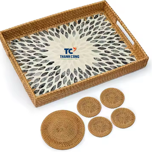Producto caliente 2025 gran ratán madre de perla bandeja para servir con 5 posavasos café para servir bandeja desayuno - Product Image 1