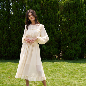 Abito <span class=keywords><strong>Boho</strong></span> <span class=keywords><strong>Chic</strong></span> 2026 con Maniche Lunghe, Collo Tondo, Vita Alta Arricciata e Pizzo, <span class=keywords><strong>Vestito</strong></span> Midi Bohémien per Donne - Product Image 3