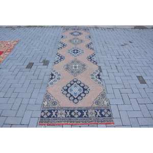 Classique Beige Bleu Vintage Tapis Turc 2.9 X 11.3ft À La Main Patchwork Conception Laine Polyester Latex pour Salon Couloir Rectangle - Product Image 1