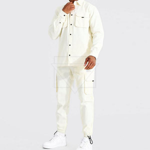 Custom Logo Mes Fashion Multiple Pockets Jogger Set Button Down Two Piece Set Cotton Twill Streetwear <b>Cargo</b> Tracksuit For Men - Product Image 1