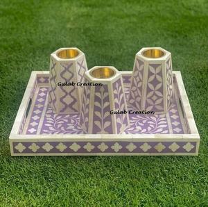 Plateau de service artisanal en incrustation d'os violet et blanc avec brûleur plateau artisanal décoratif pour la décoration intérieure et les cadeaux - Product Image 3
