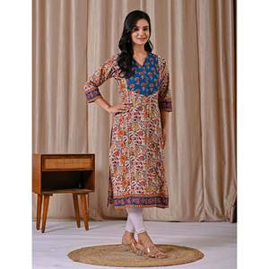 Grey Blue Butta <b>Block</b> <b>Printed</b> Cotton Straight Kurti Casual Day Wear for Women XS Breathable and Natural Waistline ODM Supply - Product Image 6