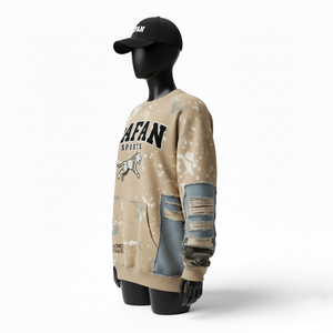 Sweat-shirt pour femme en coton lourd et polaire polyester, beige, lavage à la peinture, manches à panneaux, logo imprimé, sweat-shirts respirants pour femme - Product Image 4