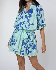 Robe courte en mousseline de soie à imprimé floral avec manches à volants et taille élastique, style bohème ample, automne, du Rajasthan - Product Image 1