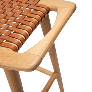 Chaise de bar en bois moderne avec siège en cuir tressé à la main pour hôtel, bar à domicile, café - Product Image 5