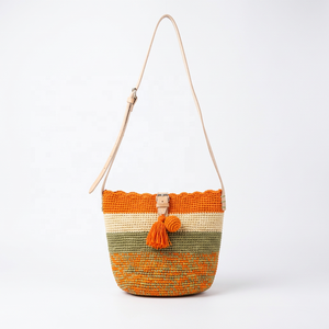 Color Block Polyester <b>Raffia</b> Tote <b>Bag</b> Scalloped Rim Tassel Fashion Bohemian Striped Pattern Beach Travel Daily Use Buckle Strap - Product Image 1