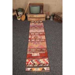 Alfombra Turca Pequeña de 2.3x8.5 pies, Alfombra Geométrica Vintage Rosa Arcoíris - Product Image 1