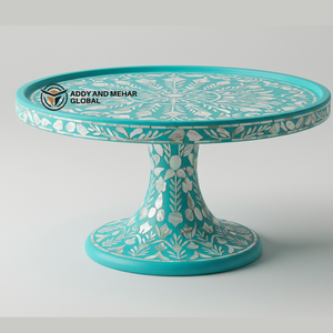 Artisan Nacre Incrustation Gâteau Stand Turquoise Floral Piédestal Assiette À Dessert De Luxe - Product Image 1