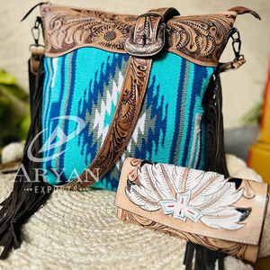 New Bohemian Hand Tooled Leather Saddle Blanket Tassel Handbag Stylish Hand Carving Leather Floral Wallet Combo Set for Women's - Product Image 1
