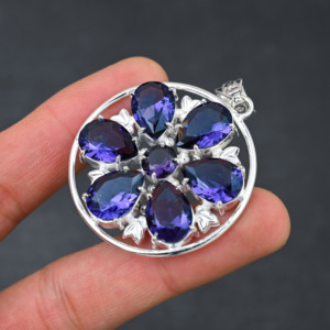 Colgante de piedras preciosas de iolita azul creado en laboratorio hecho a mano 925 plateado diseñador joyería regalo para mujer - Product Image 4