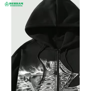 <b>Gothic</b> Zip-Up <b>Hoodie</b> Black With Silver Cross And Lightning Print Oversized Fit Regular Sleeve Knitted Polyester Autumn Style - Product Image 2
