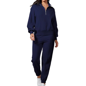 Nouvel arrivage de survêtements décontractés d'hiver 2 pièces pour femmes pull à demi-fermeture éclair pantalon assorti Logo personnalisé 100% coton à la mode - Product Image 3