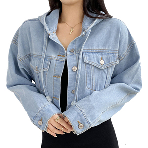 Veste denim ample à capuche tendance personnalisée pour femmes Manteaux décontractés Veste en jean courte à manches longues et boutons - Product Image 2